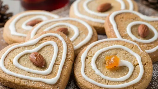 Heart and round gingerbread cookies, white icing swirls, topped with almonds and fruit.