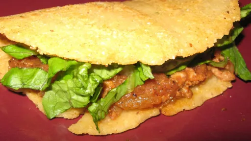 Golden taco with seasoned meat and fresh lettuce, on a red plate.
