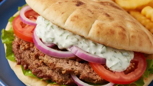 Pita sandwich with meat patty, lettuce, tomato, red onion, tzatziki sauce, and french fries.